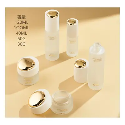 Bộ chai + hũ thủy tinh trắng mờ nắp vàng – mã NXG0461