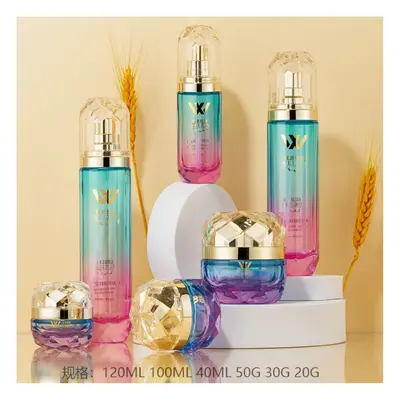 Bộ chai + hũ thủy tinh hồng xanh chuyển màu nắp kim cương – mã NXG0465