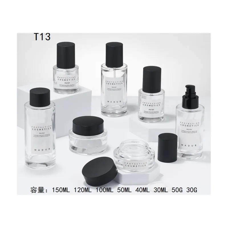 Bộ chai + hũ thủy tinh trong nắp đen T13 – mã NXG0478