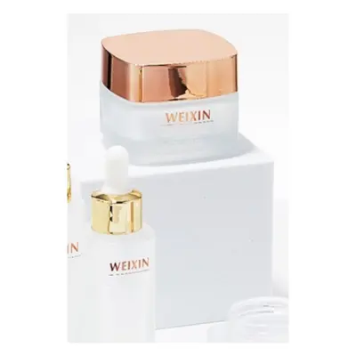 Bộ chai + hũ thủy tinh trắng mờ nắp vàng hồng – mã NXG0480