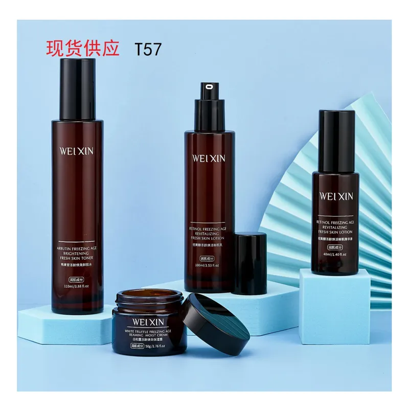 Bộ chai + hũ thủy tinh nâu đỏ nắp đen T57 – mã NXG0484