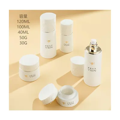 Bộ chai + hũ thủy tinh trắng sứ nắp trắng – mã NXG0490