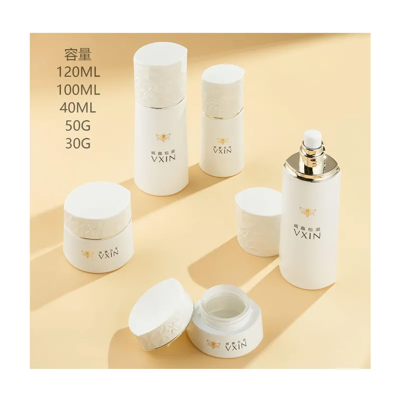 Bộ chai + hũ thủy tinh trắng sứ nắp trắng – mã NXG0490