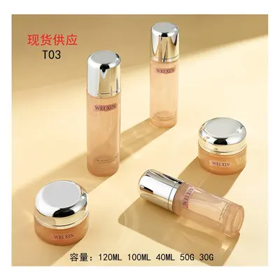 Bộ chai + hũ thủy tinh hồng cam nắp bạc – mã NXG0498