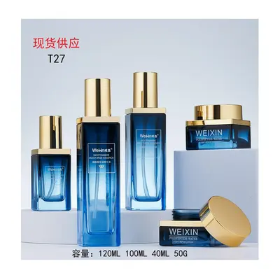Bộ chai + hũ thủy tinh xanh dương nắp vàng T27 – mã NXG0499
