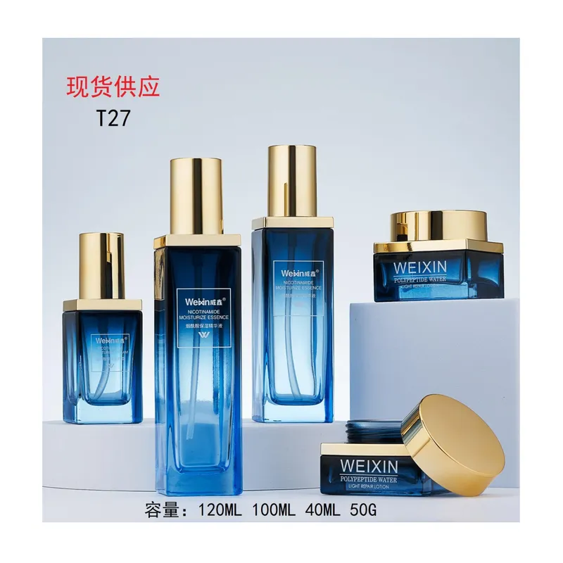 Bộ chai + hũ thủy tinh xanh dương nắp vàng T27 – mã NXG0499