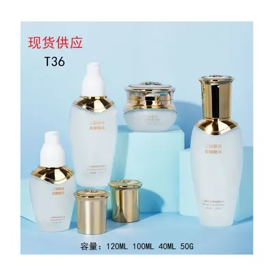 Bộ chai + hũ thủy tinh trắng mờ nắp vàng T36 – mã NXG0502