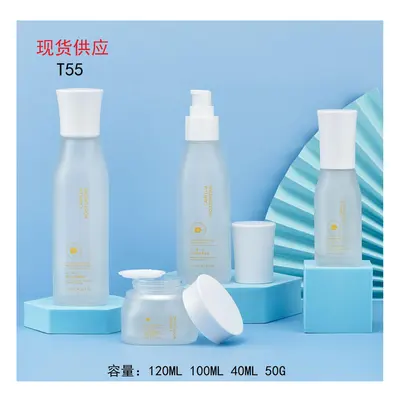 Bộ chai + hũ thủy tinh trắng mờ nắp trắng T55 – mã NXG0505