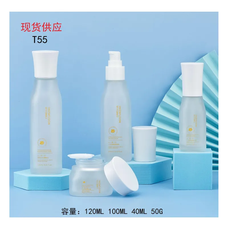 Bộ chai + hũ thủy tinh trắng mờ nắp trắng T55 – mã NXG0505