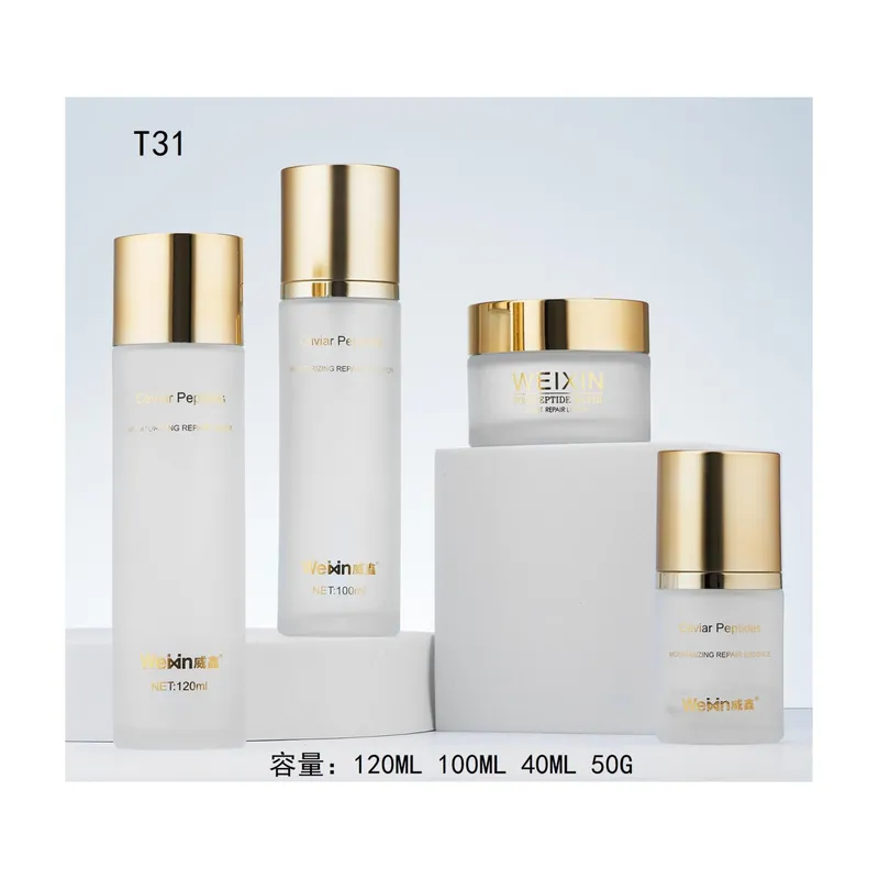 Bộ chai + hũ thủy tinh trắng mờ nắp vàng T31 – mã NXG0507