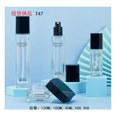 Bộ chai + hũ thủy tinh trong nắp đen vuông T47 – mã NXG0514