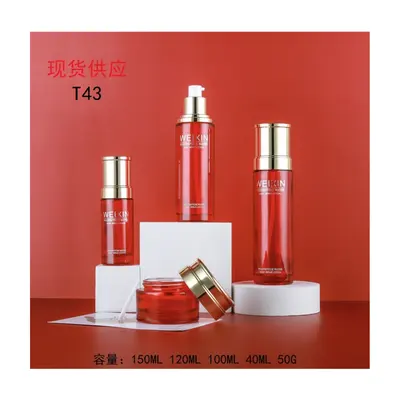 Bộ chai + hũ thủy tinh đỏ nắp vàng T43 – mã NXG0520