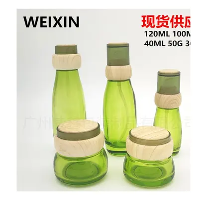 Bộ chai + hũ thủy tinh xanh lá nắp gỗ – mẫu 2 – mã NXG0532