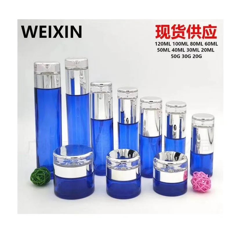 Bộ chai + hũ thủy tinh xanh dương nắp bạc – mẫu 2 – mã NXG0534