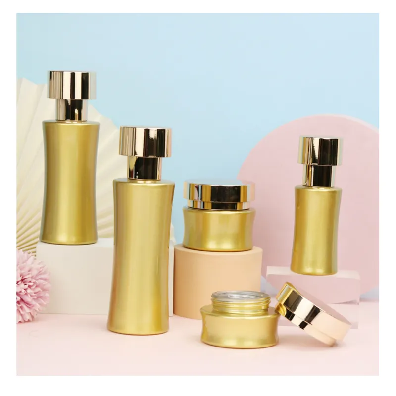 Bộ chai + hũ thủy tinh vàng kim dáng eo – mã NXG0538