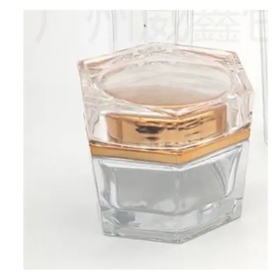 Bộ chai + hũ thủy tinh trong đa giác nắp vàng hồng – ảnh 2