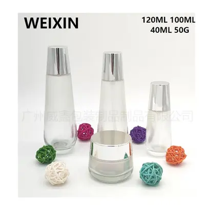 Bộ chai + hũ thủy tinh trong mờ nắp bạc – mẫu 2 – ảnh 1