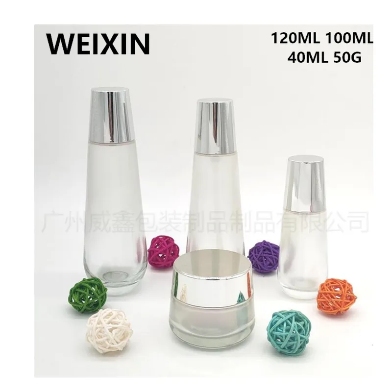 Bộ chai + hũ thủy tinh trong mờ nắp bạc – mẫu 2 – mã NXG0574