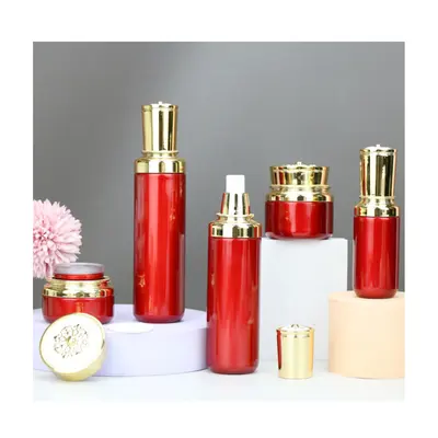 Bộ chai + hũ thủy tinh đỏ nắp vàng – mã NXG0584
