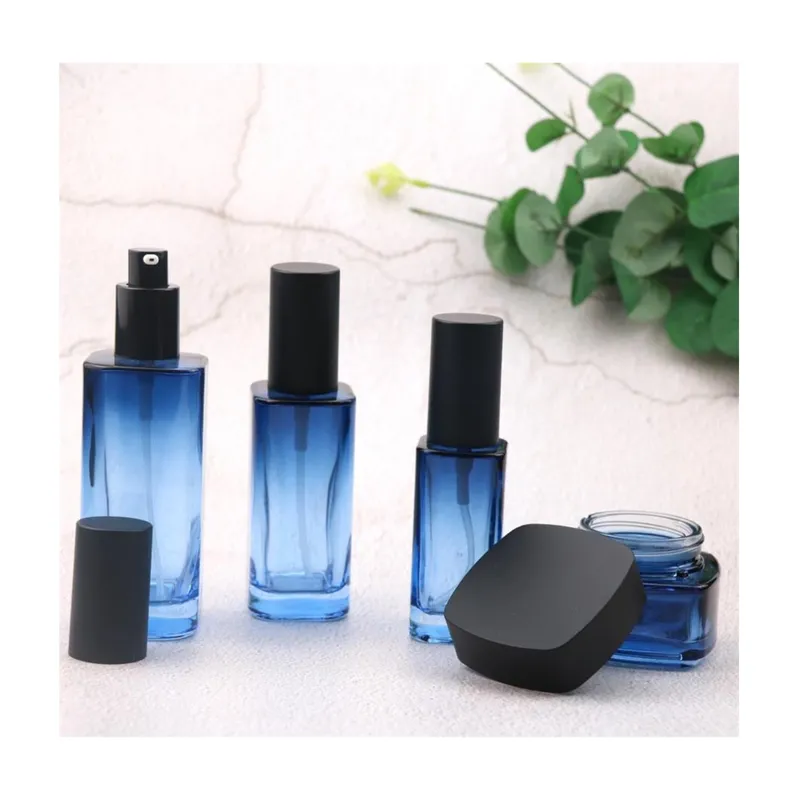 Bộ chai + hũ thủy tinh xanh dương nắp đen vuông – mã NXG0597