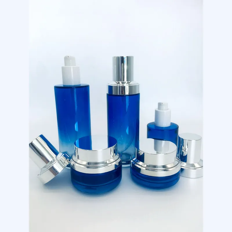 Bộ chai xịt thủy tinh + hũ kem xanh dương nắp bạc 140ml – mã NXG0623
