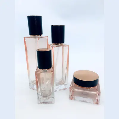 Bộ chai xịt thủy tinh + hũ kem hồng trong vuông nắp đen 120ml – mã NXG0640
