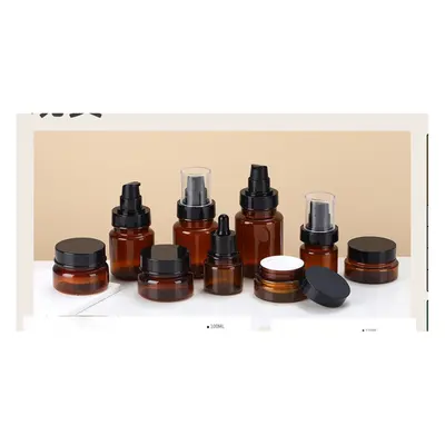Bộ chai lọ nhựa nâu hổ phách (serum, lotion, hũ kem) – mã NXH0008