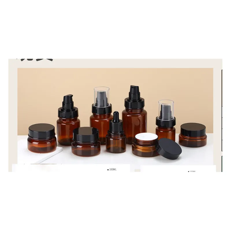 Bộ chai lọ nhựa nâu hổ phách (serum, lotion, hũ kem) – mã NXH0008