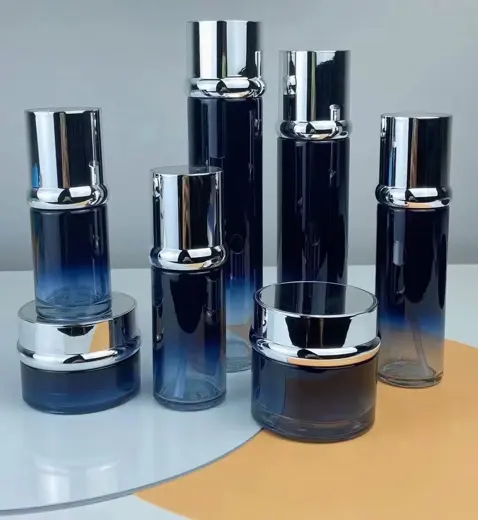 Bộ chai thủy tinh xanh navy nắp bạc và hũ kem